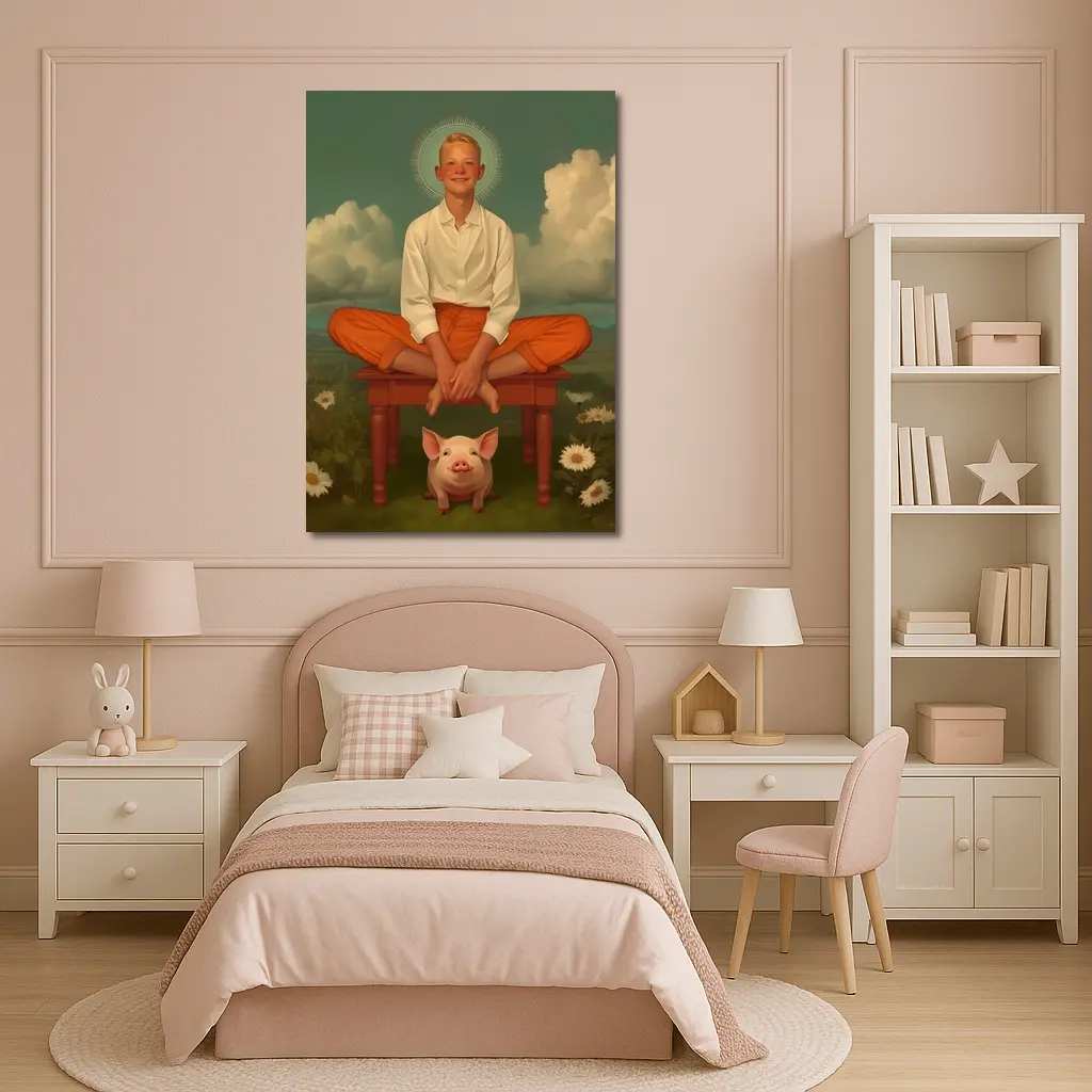 Boy With Halo Sitting Above Pink Pig – Wall Art