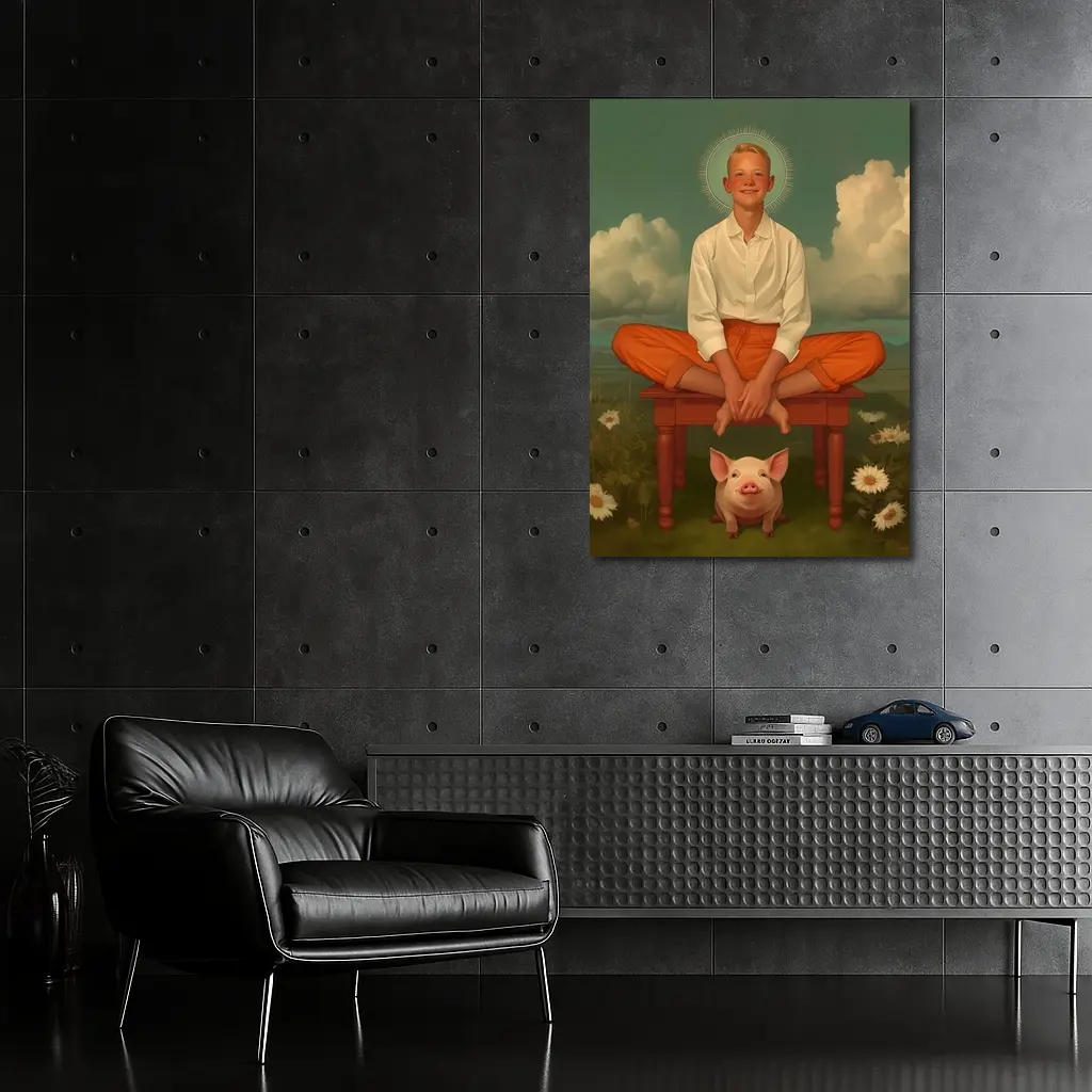 Boy With Halo Sitting Above Pink Pig – Wall Art