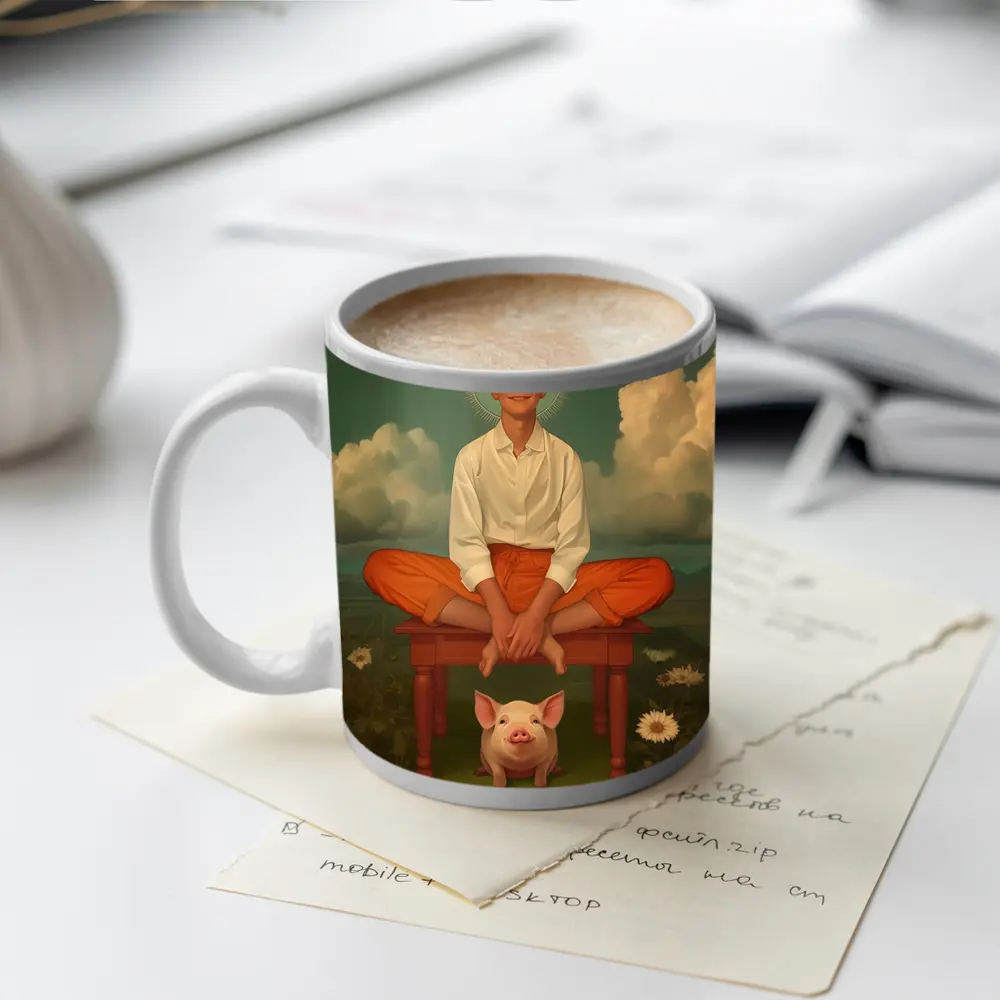 Boy With Halo Sitting Above Pink Pig – Mugs