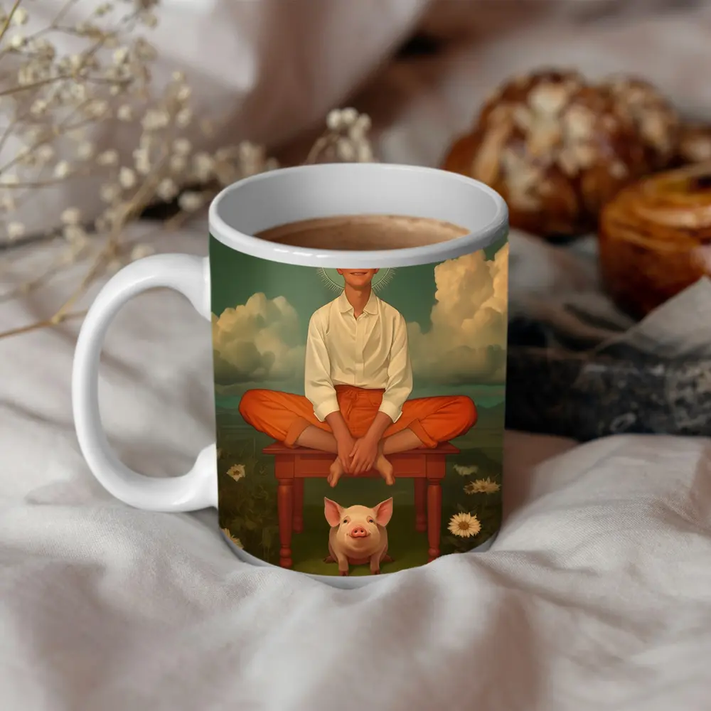 Boy With Halo Sitting Above Pink Pig – Mugs