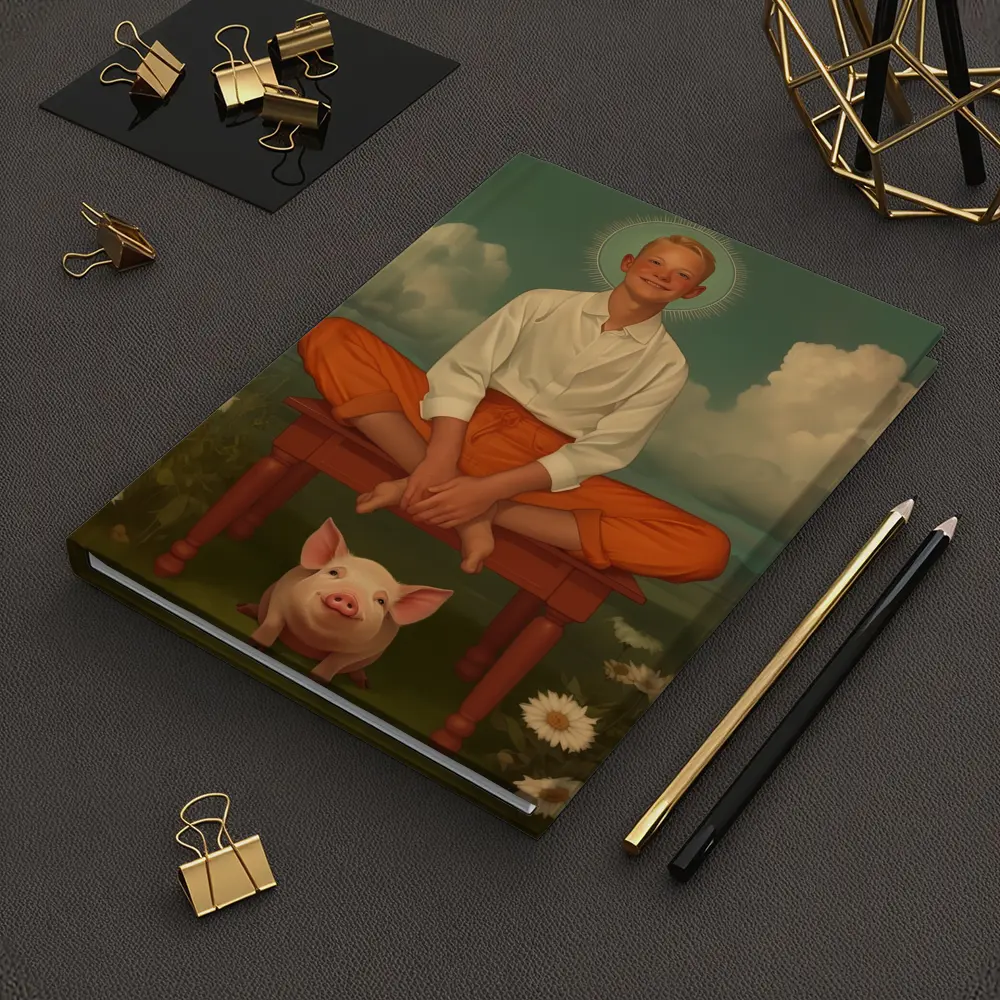 Boy With Halo Sitting Above Pink Pig – Notebooks
