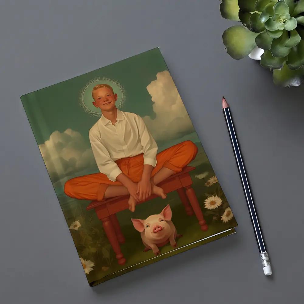 Boy With Halo Sitting Above Pink Pig – Notebooks