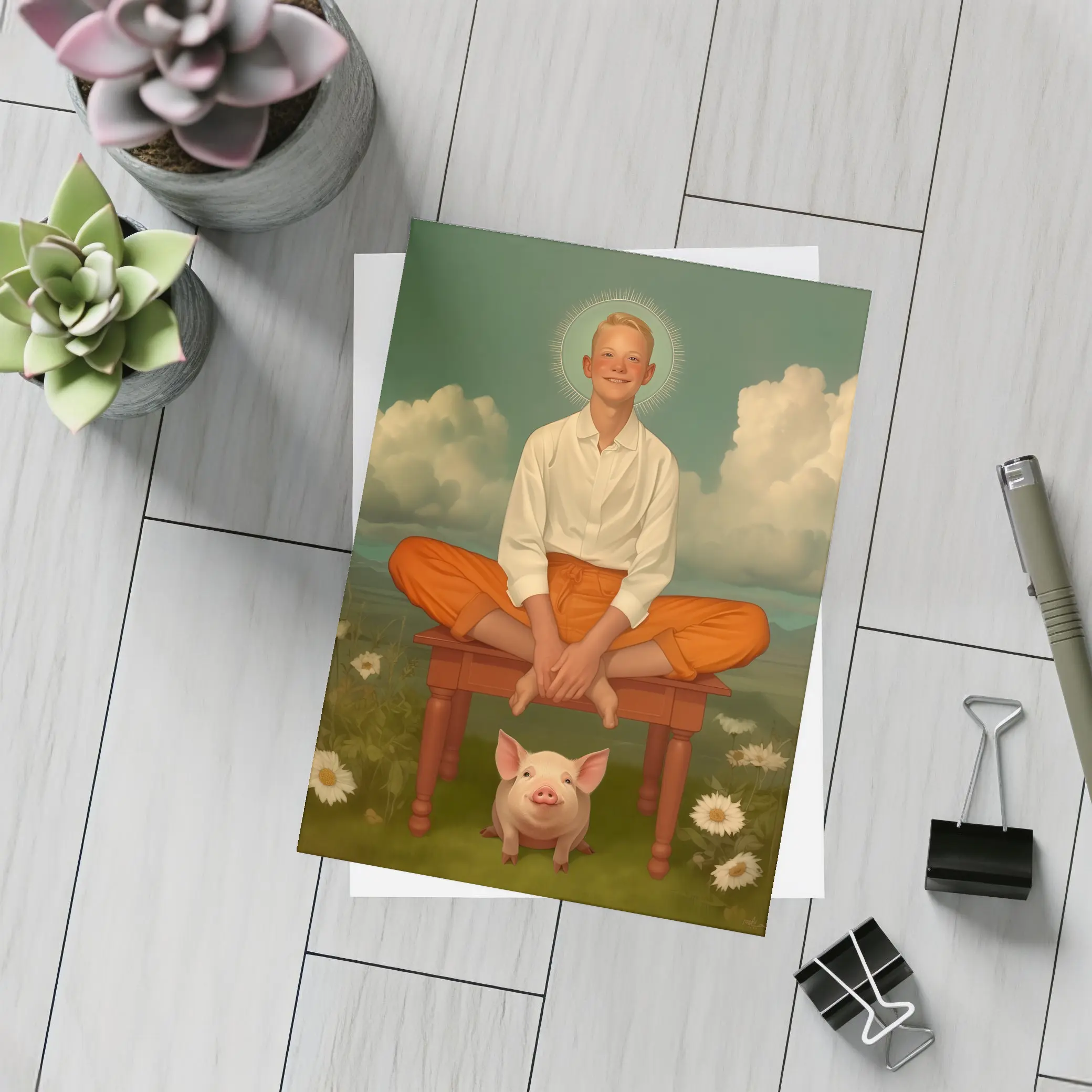 Boy With Halo Sitting Above Pink Pig – Postcards