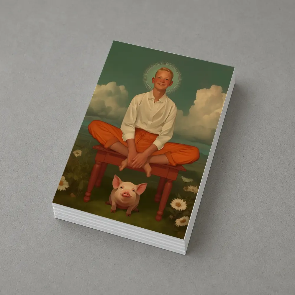 Boy With Halo Sitting Above Pink Pig – Postcards