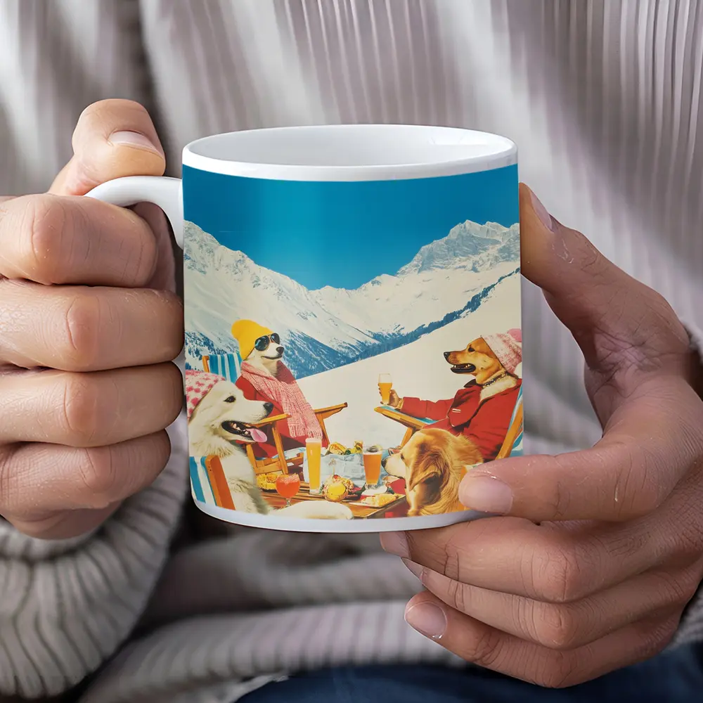 Dogs Relaxing Apres Ski Snowy Mountains – Mugs