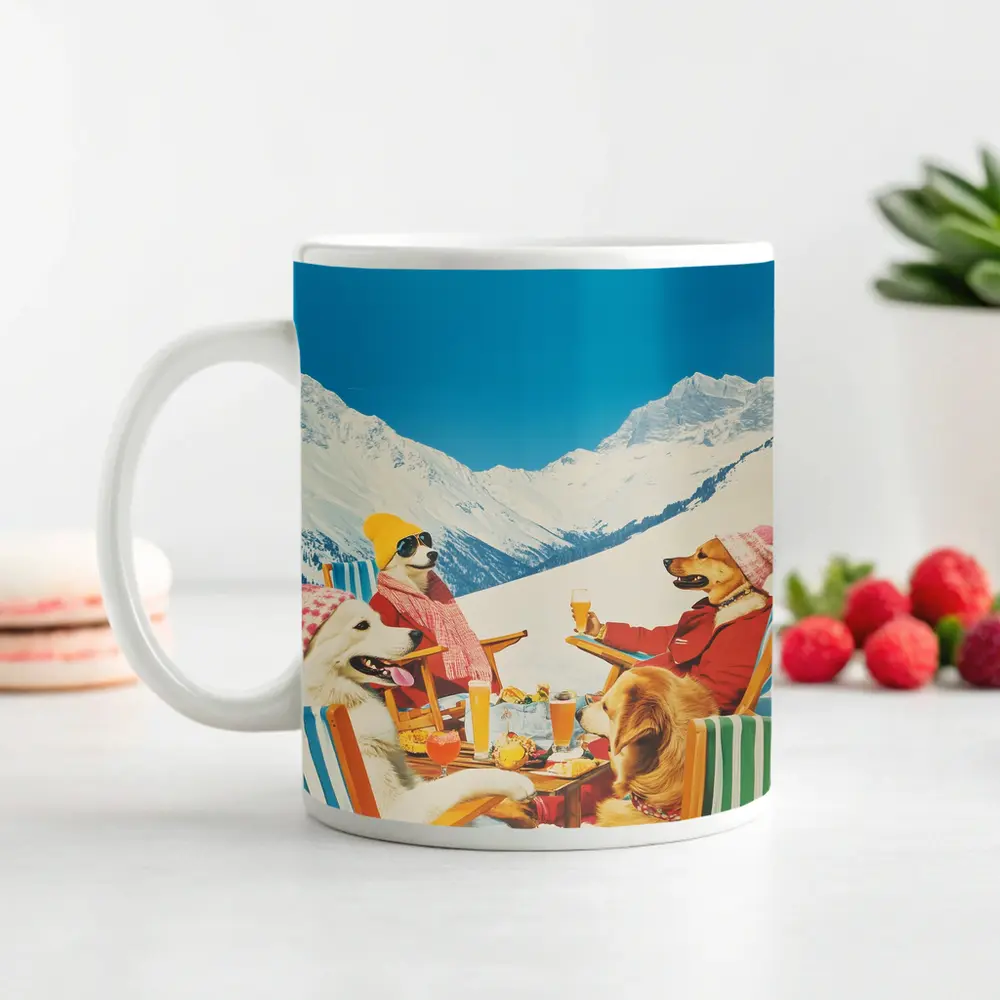 Dogs Relaxing Apres Ski Snowy Mountains – Mugs