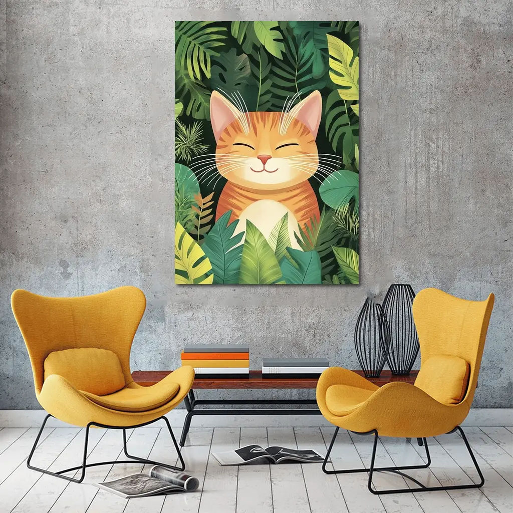 Happy Orange Tabby Cat Tropical Jungle Leaves – Wall Art