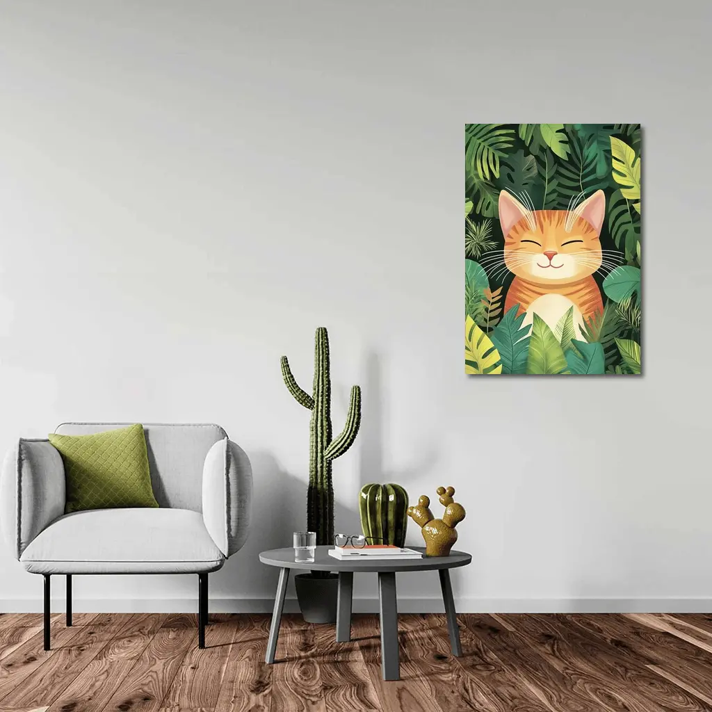 Happy Orange Tabby Cat Tropical Jungle Leaves – Wall Art
