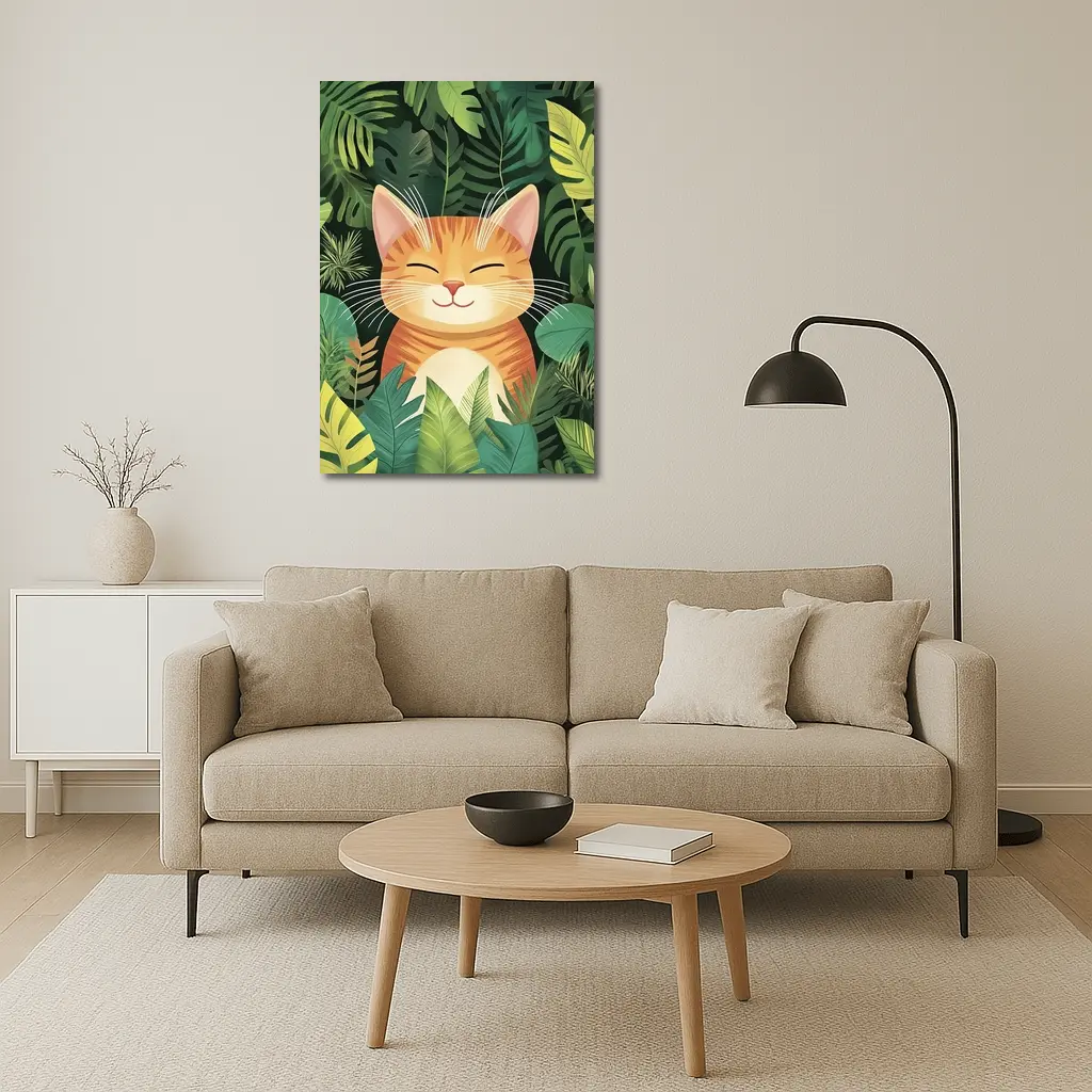 Happy Orange Tabby Cat Tropical Jungle Leaves – Wall Art
