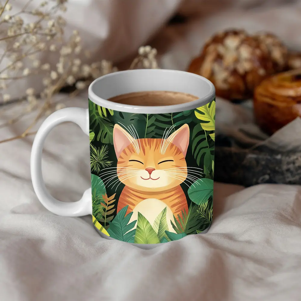 Happy Orange Tabby Cat Tropical Jungle Leaves – Mugs