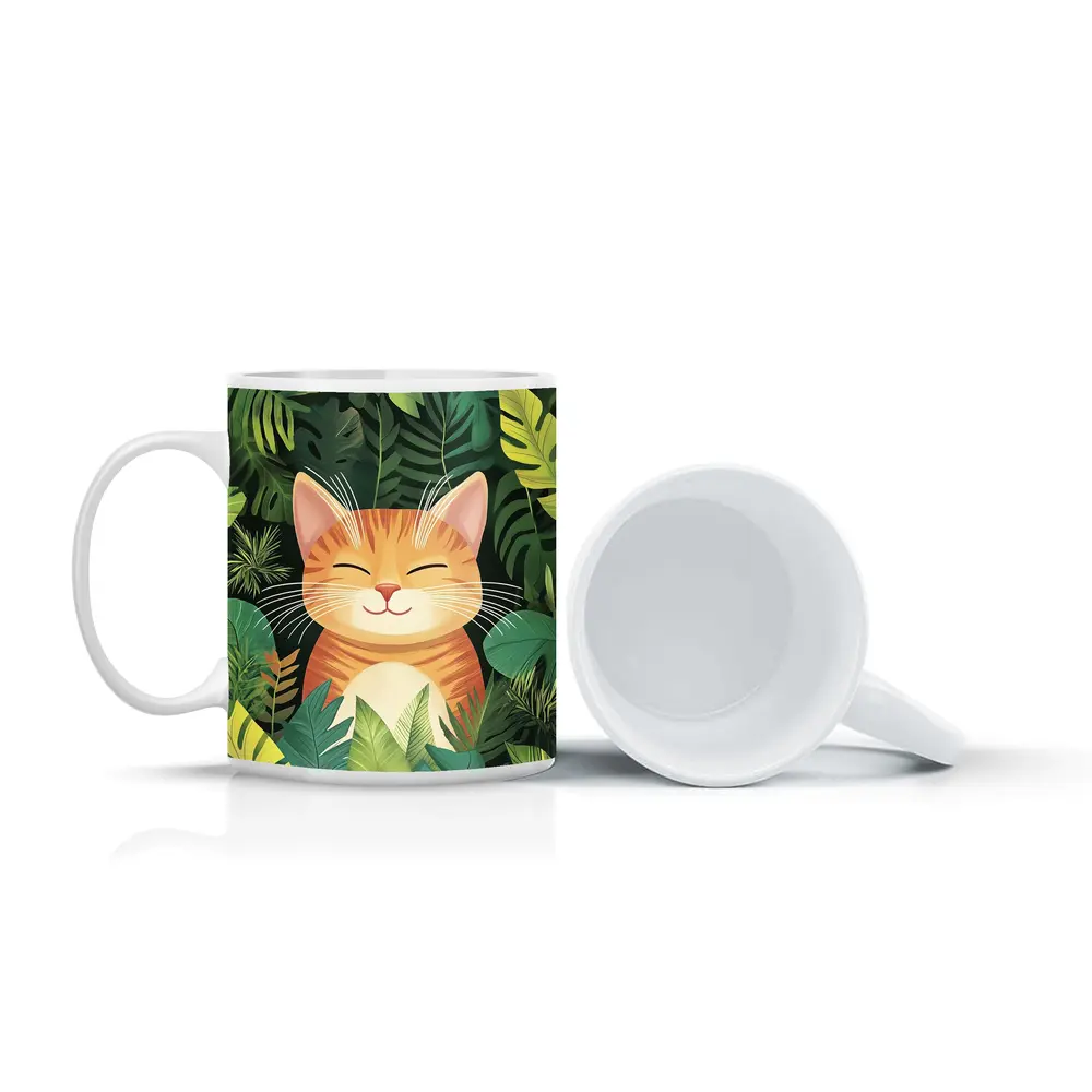 Happy Orange Tabby Cat Tropical Jungle Leaves – Mugs