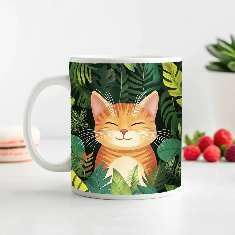 Happy Orange Tabby Cat Tropical Jungle Leaves – Mugs