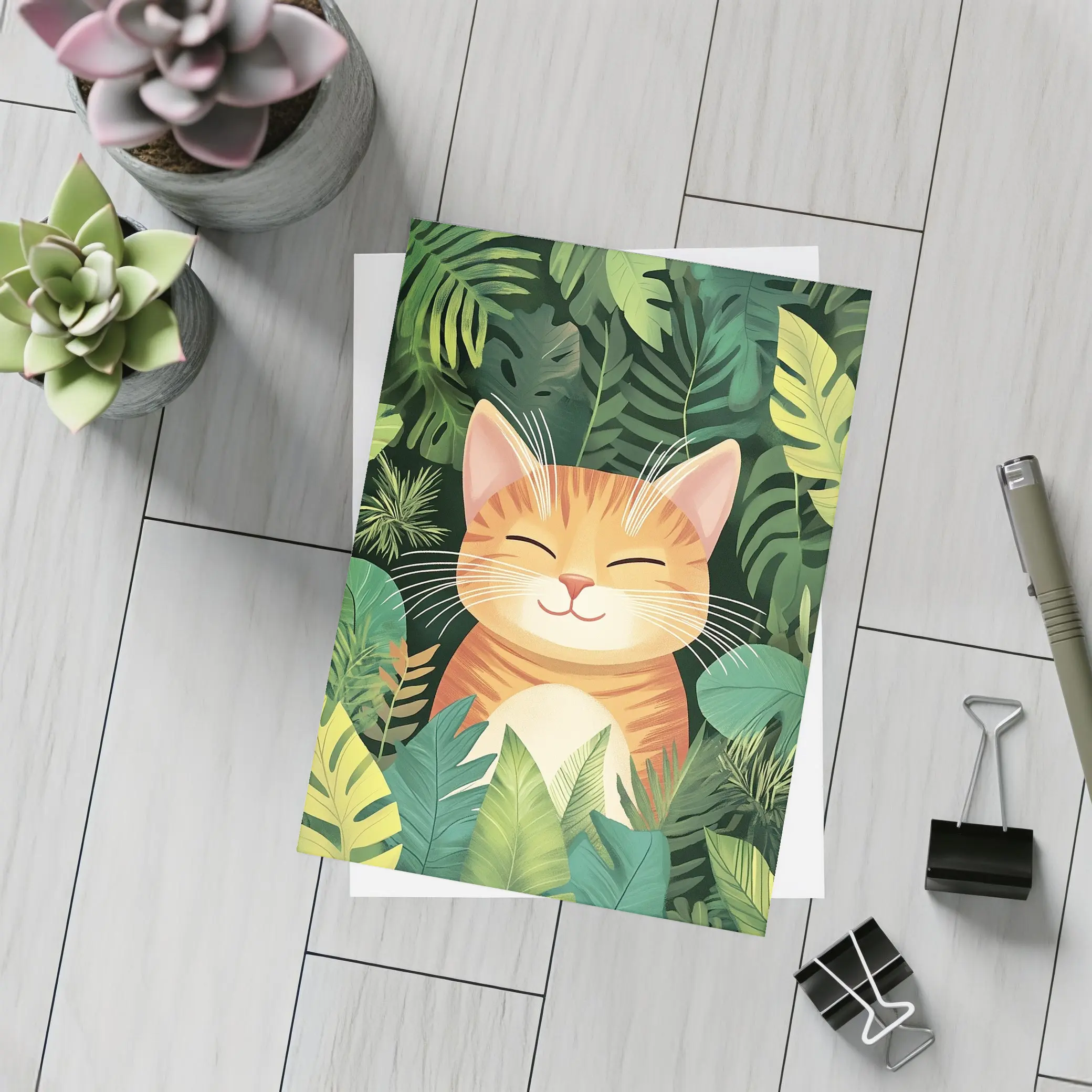 Happy Orange Tabby Cat Tropical Jungle Leaves – Postcards