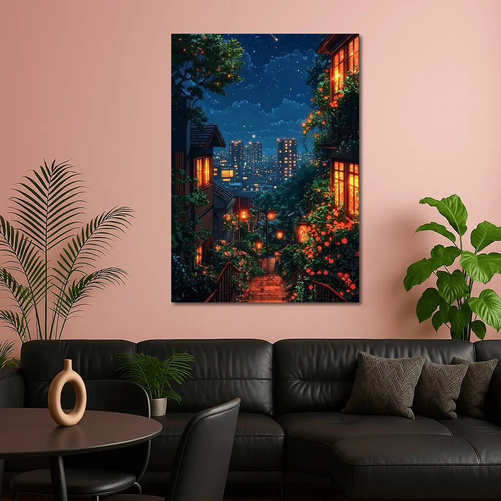 Anime Night City Stairway Glowing Flowers – Wall Art