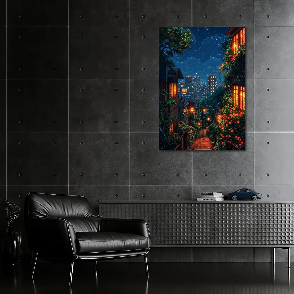 Anime Night City Stairway Glowing Flowers – Wall Art