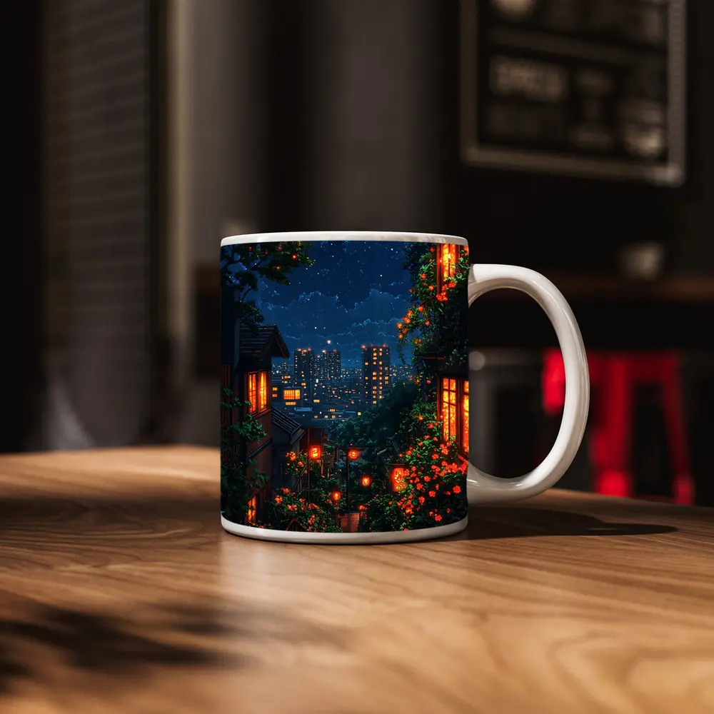 Anime Night City Stairway Glowing Flowers – Mugs