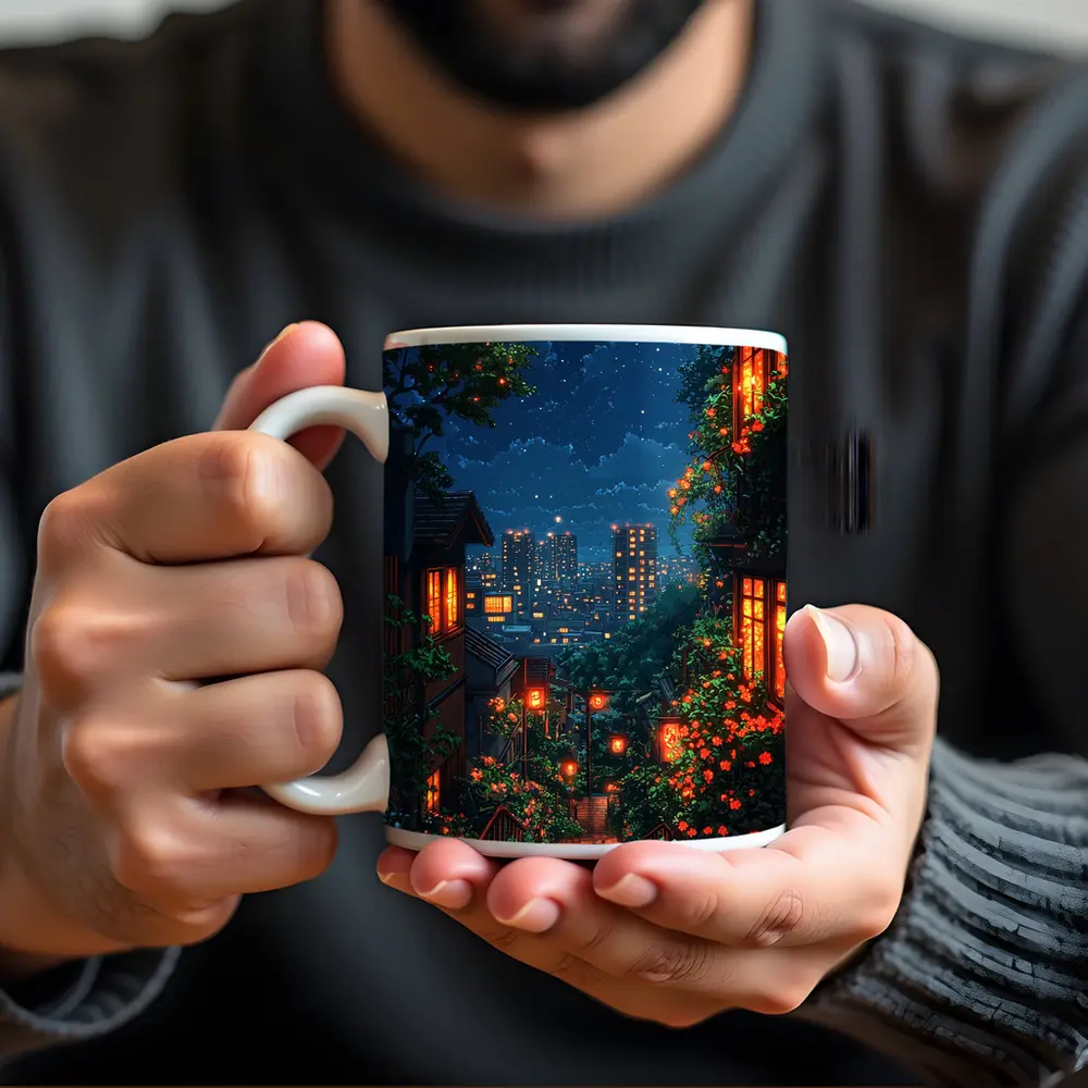 Anime Night City Stairway Glowing Flowers – Mugs