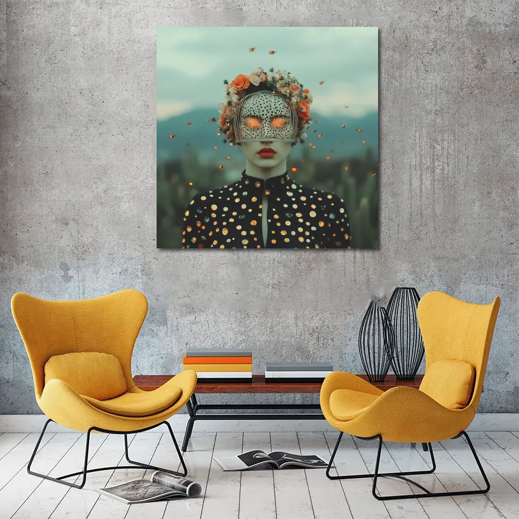Surreal Woman Floral Mask Polka Dot Portrait – Wall Art
