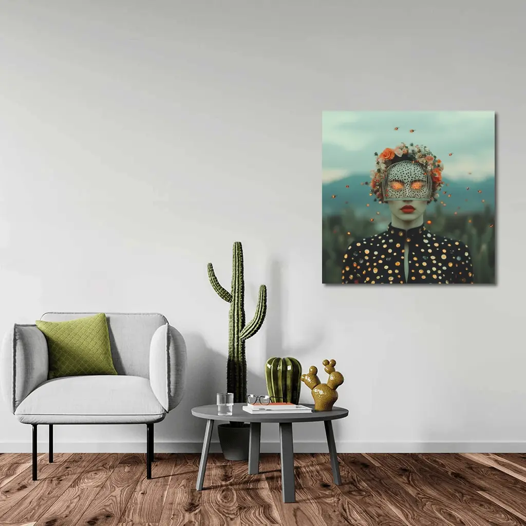 Surreal Woman Floral Mask Polka Dot Portrait – Wall Art