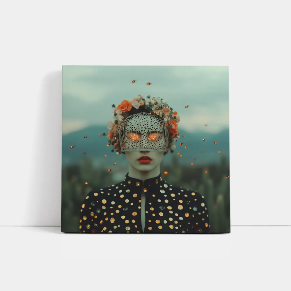 Surreal Woman Floral Mask Polka Dot Portrait – Wall Art