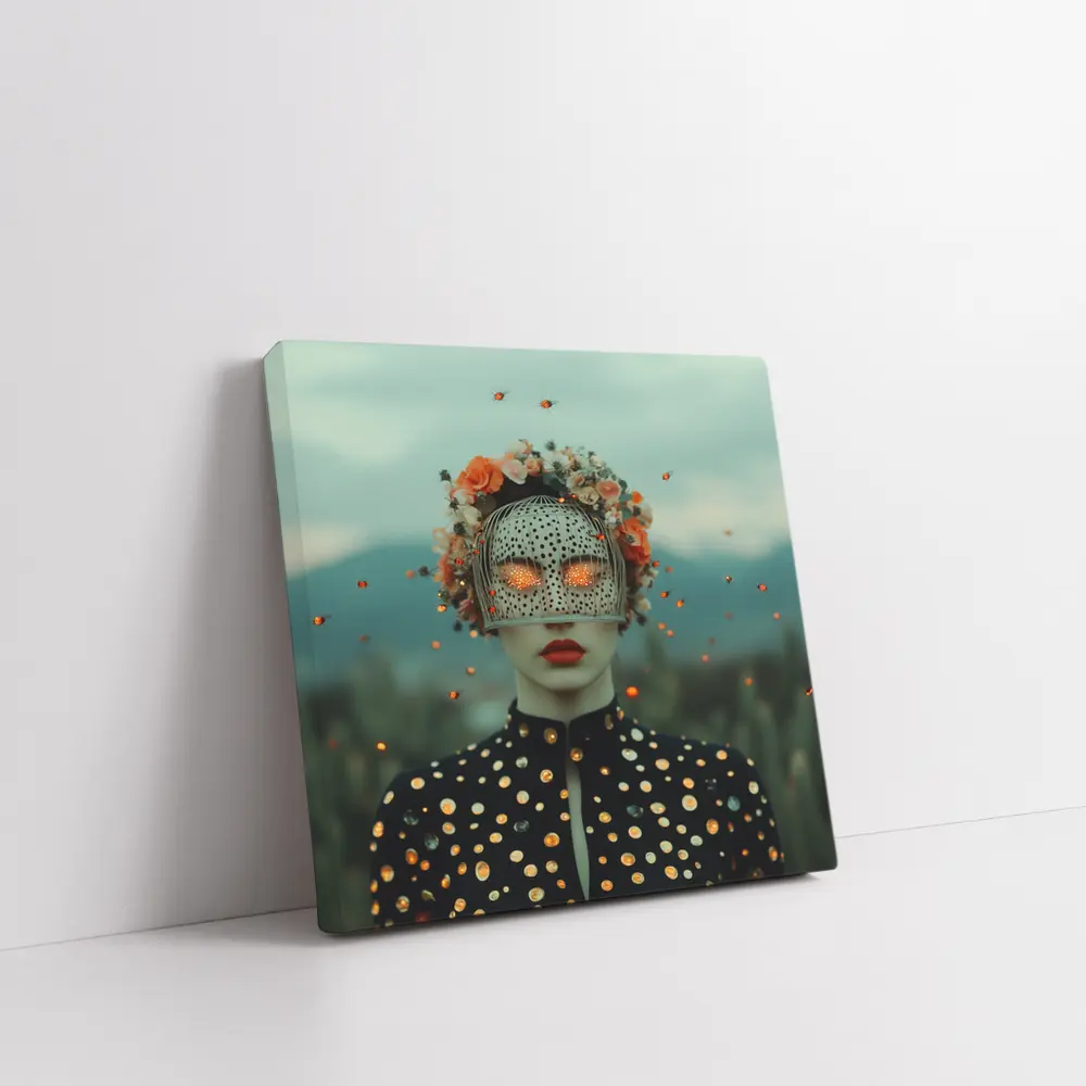 Surreal Woman Floral Mask Polka Dot Portrait – Wall Art