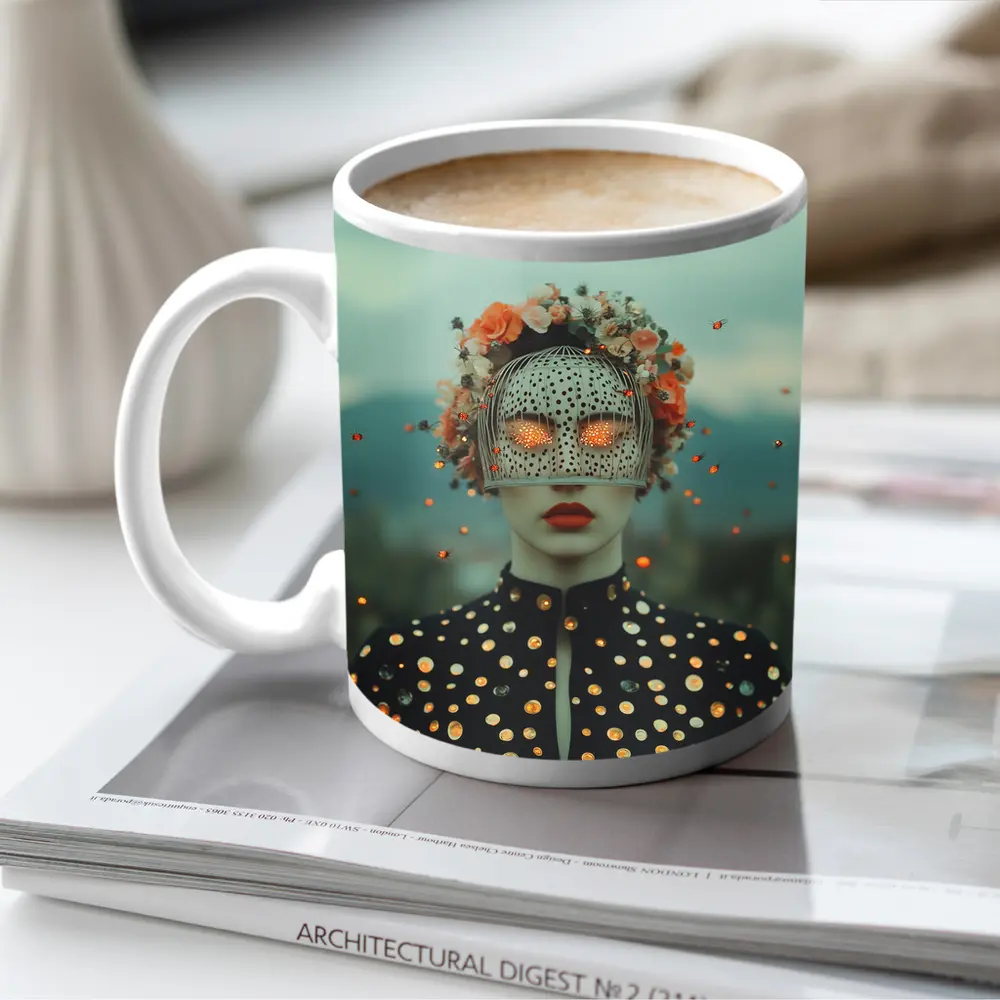 Surreal Woman Floral Mask Polka Dot Portrait – Mugs