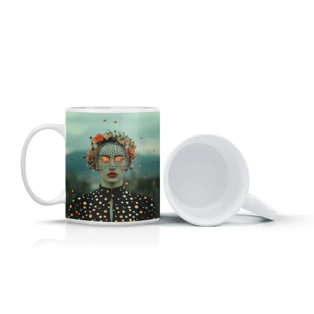 Surreal Woman Floral Mask Polka Dot Portrait – Mugs