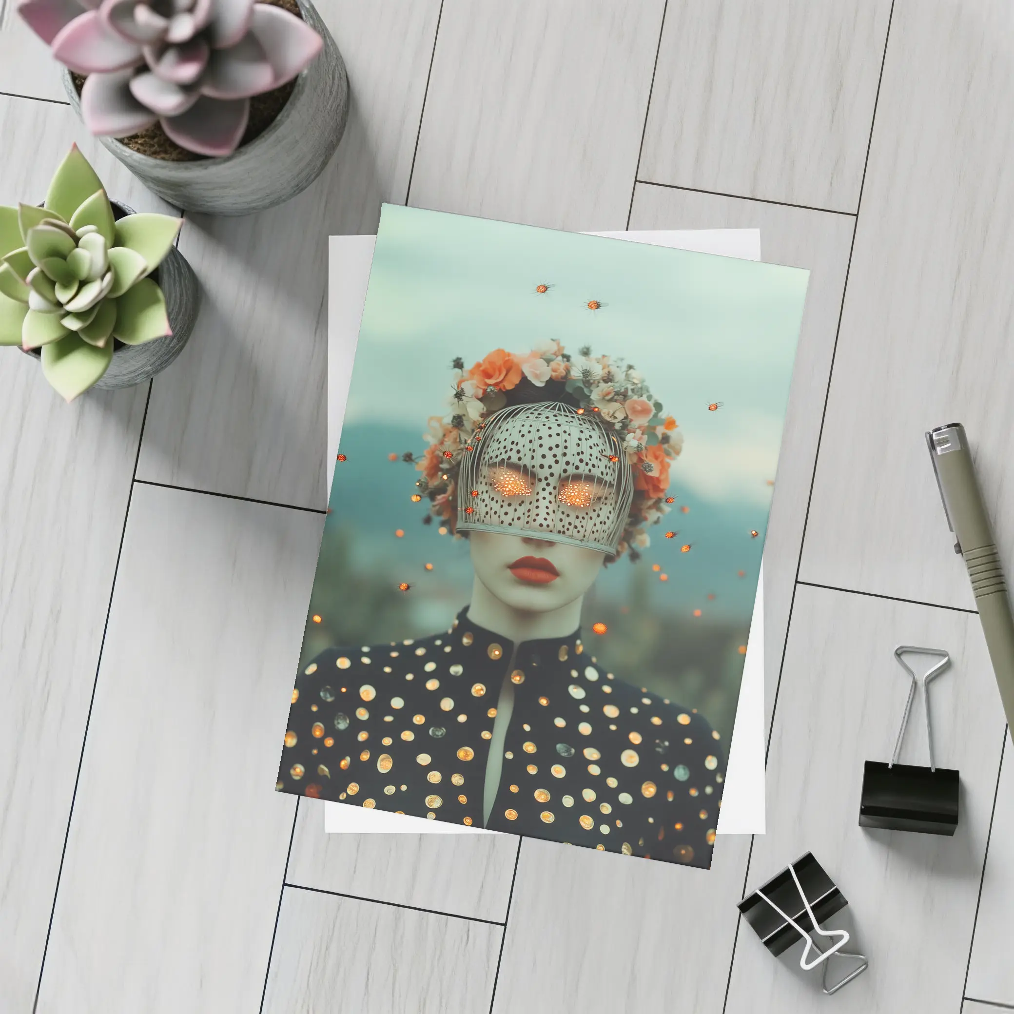 Surreal Woman Floral Mask Polka Dot Portrait – Postcards