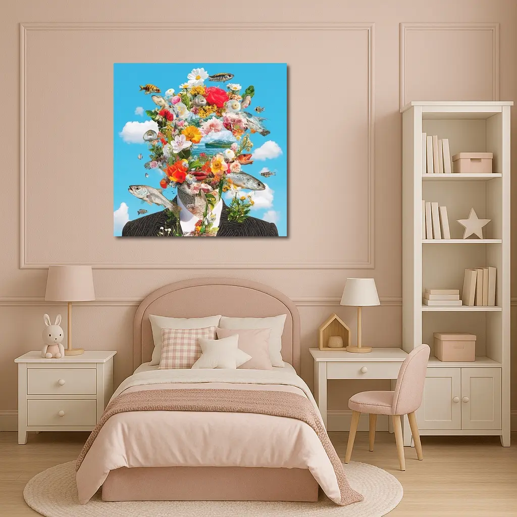 Surreal Floral Fish Head Collage Blue Sky – Wall Art