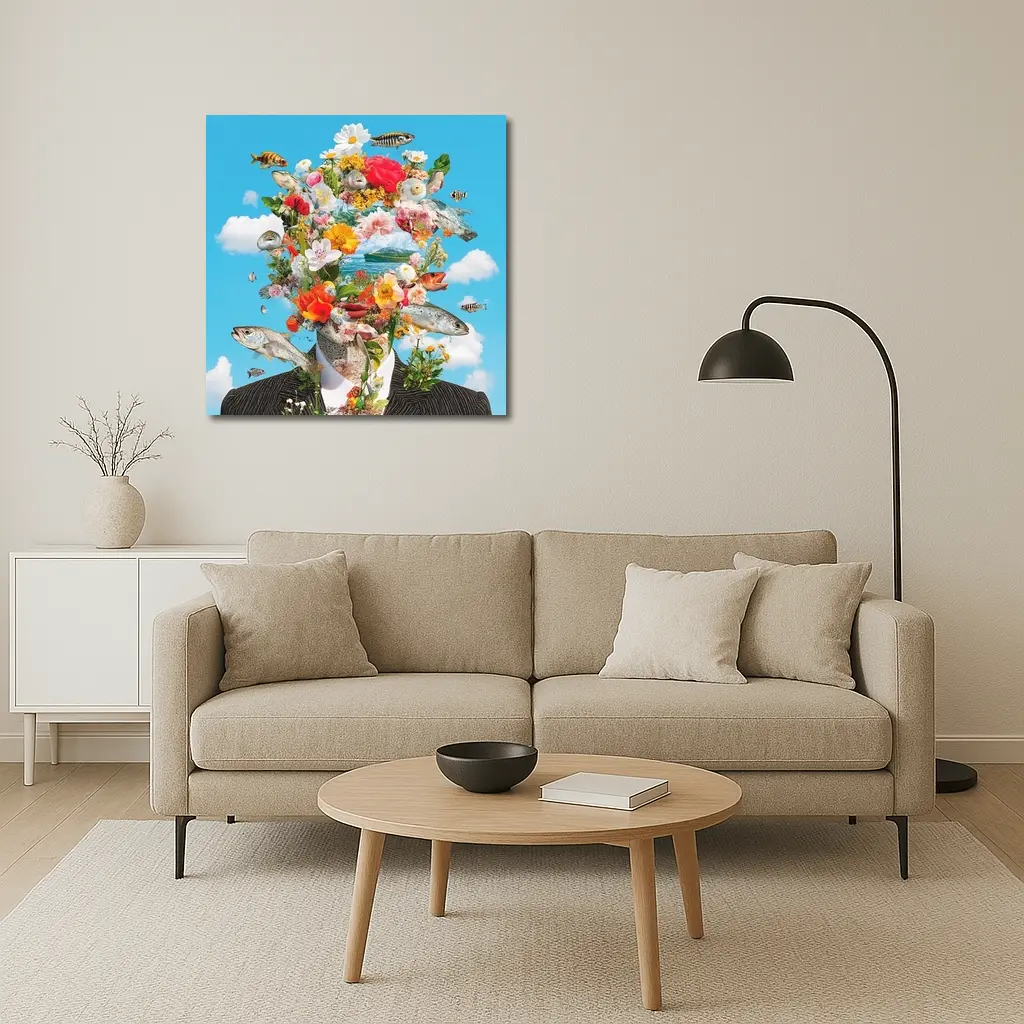 Surreal Floral Fish Head Collage Blue Sky – Wall Art
