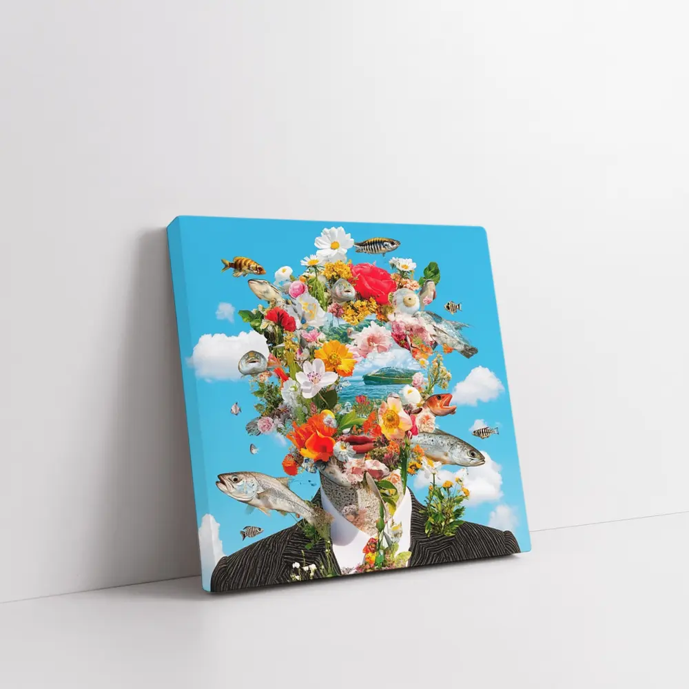 Surreal Floral Fish Head Collage Blue Sky – Wall Art