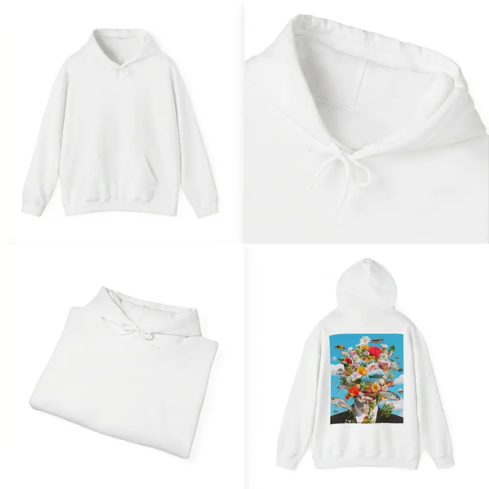 Surreal Floral Fish Head Collage Blue Sky – Hoodies
