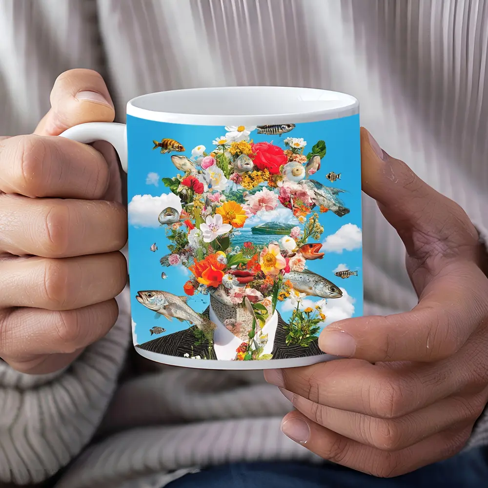 Surreal Floral Fish Head Collage Blue Sky – Mugs