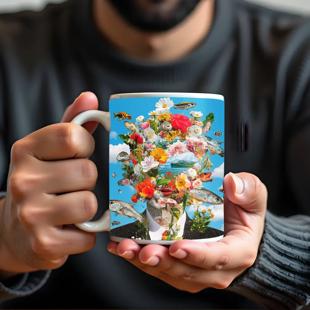 Surreal Floral Fish Head Collage Blue Sky – Mugs