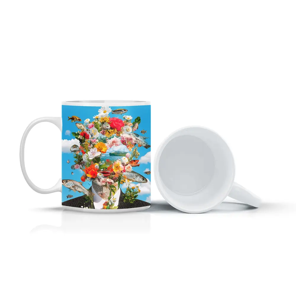 Surreal Floral Fish Head Collage Blue Sky – Mugs