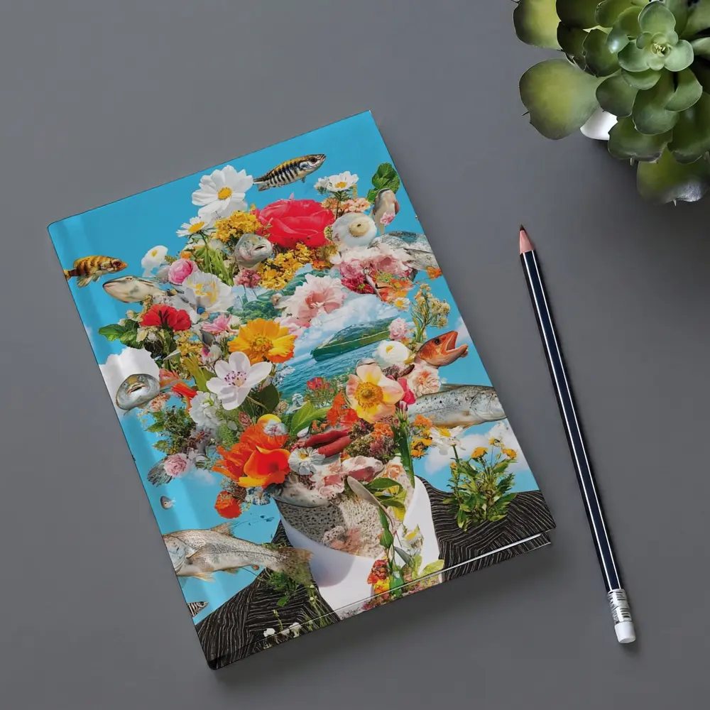 Surreal Floral Fish Head Collage Blue Sky – Notebooks