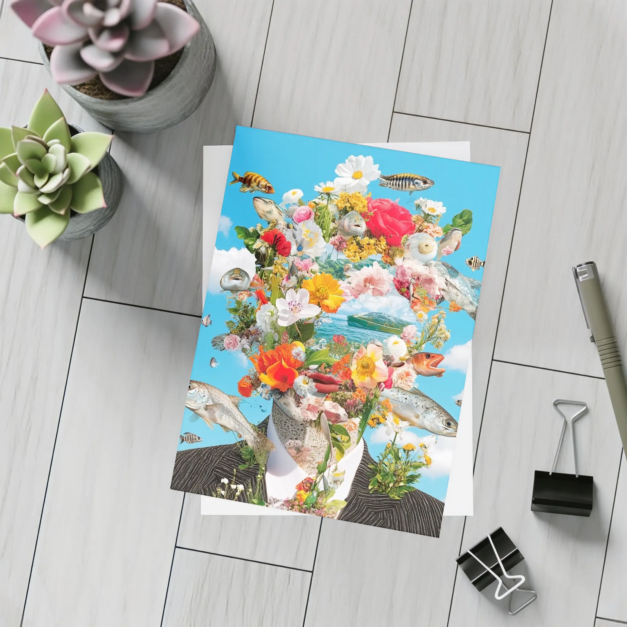 Surreal Floral Fish Head Collage Blue Sky – Postcards