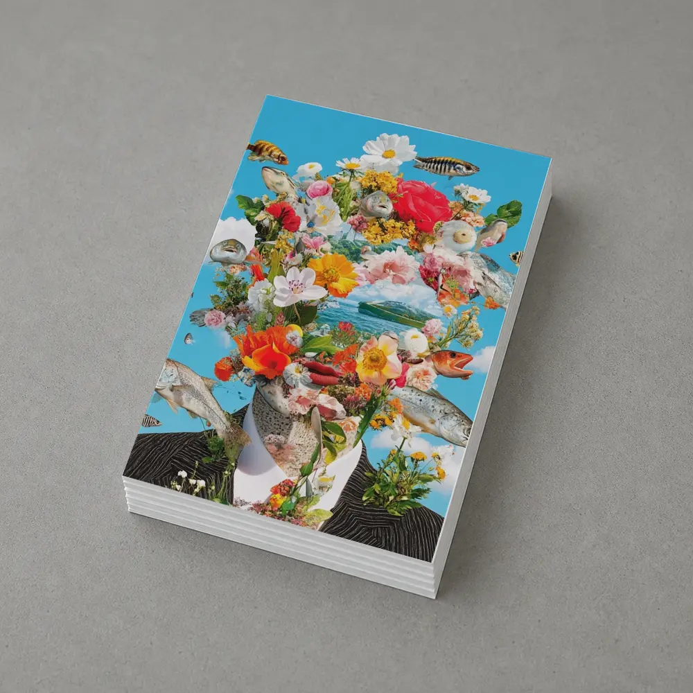 Surreal Floral Fish Head Collage Blue Sky – Postcards