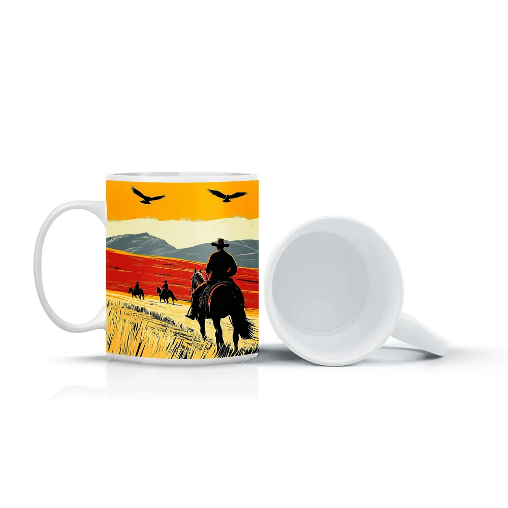 Cowboys Riding Horses Open Western Plains – Mugs