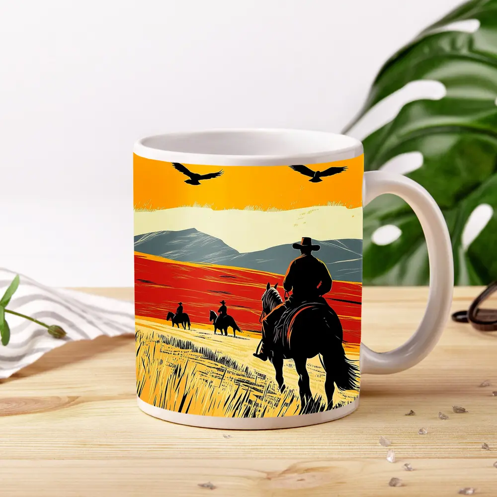 Cowboys Riding Horses Open Western Plains – Mugs