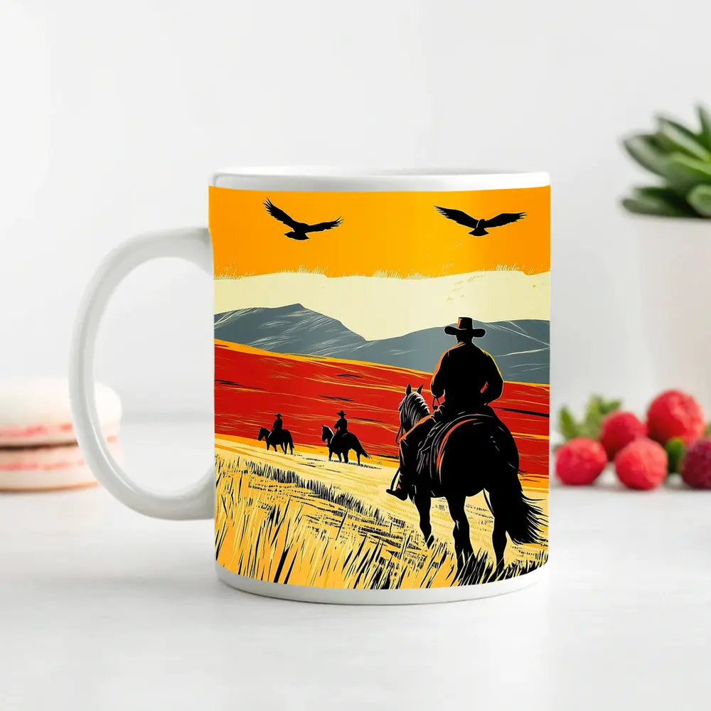 Cowboys Riding Horses Open Western Plains – Mugs