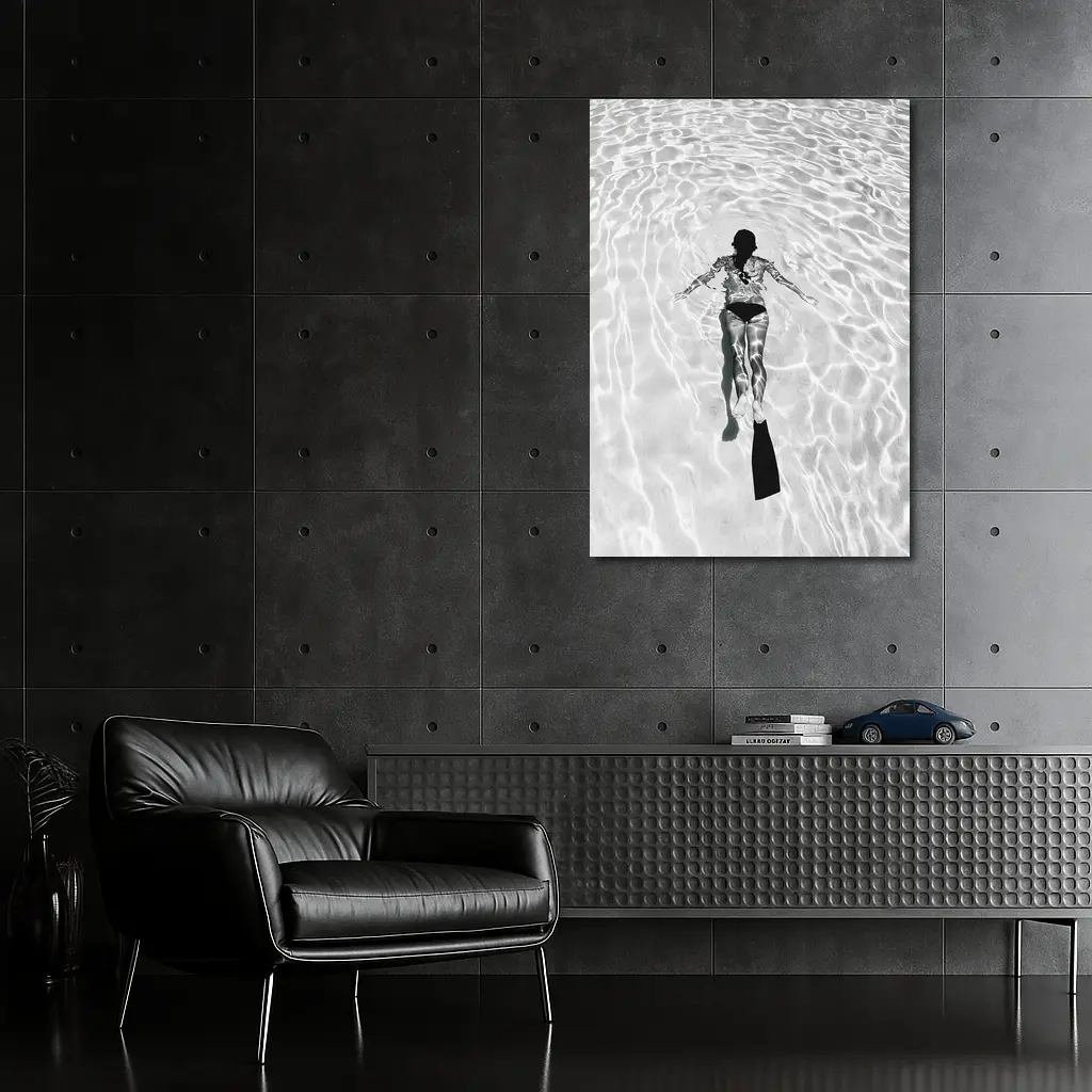 Woman Snorkeling Underwater Black White Photography – Wall Art