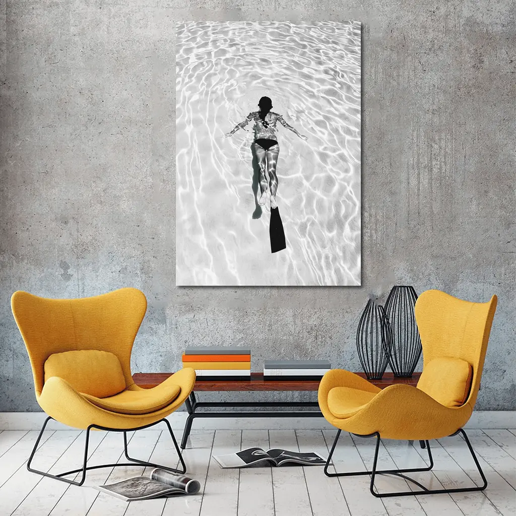 Woman Snorkeling Underwater Black White Photography – Wall Art