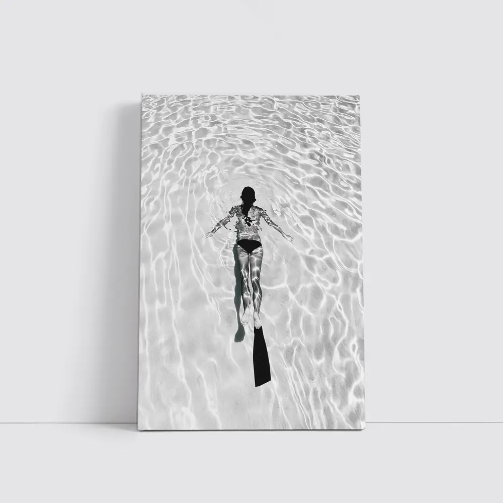 Woman Snorkeling Underwater Black White Photography – Wall Art