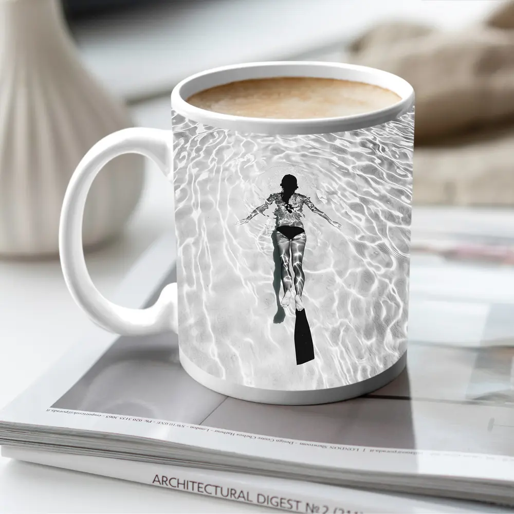 Woman Snorkeling Underwater Black White Photography – Mugs