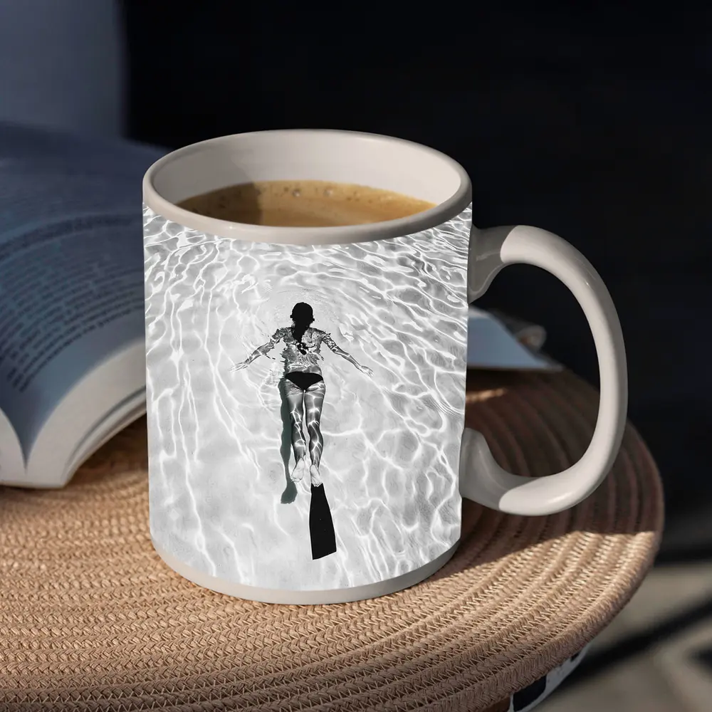 Woman Snorkeling Underwater Black White Photography – Mugs