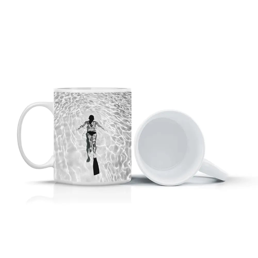 Woman Snorkeling Underwater Black White Photography – Mugs