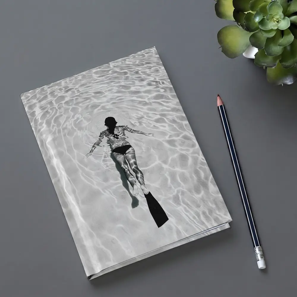 Woman Snorkeling Underwater Black White Photography – Notebooks