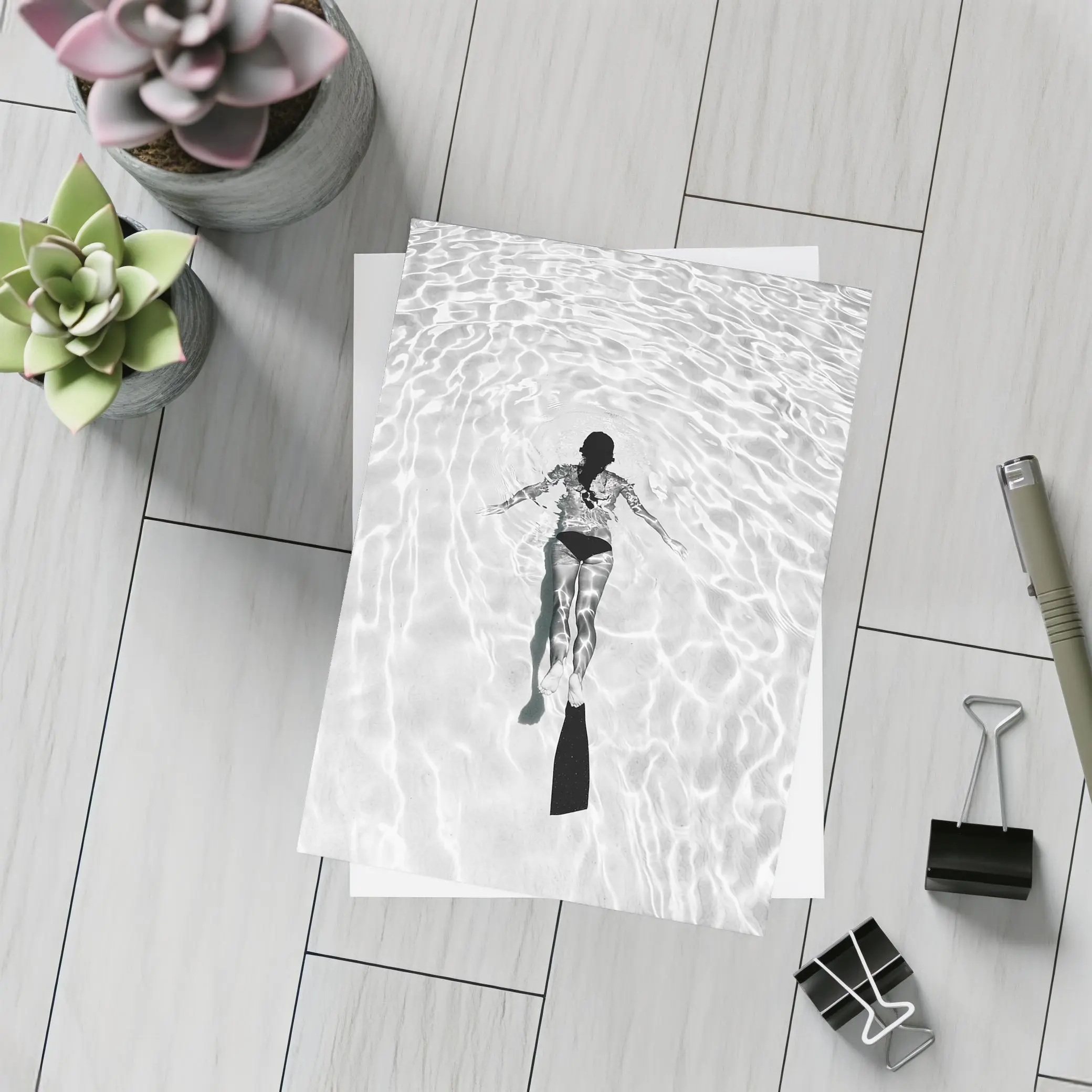Woman Snorkeling Underwater Black White Photography – Postcards