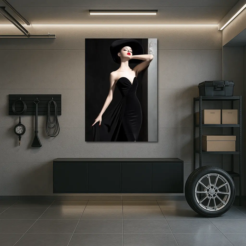 Elegant Woman Black Dress Wide Brim Hat – Wall Art